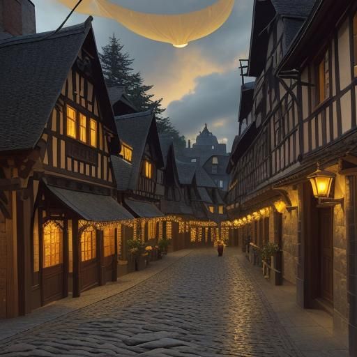 Golden Owl Inn on Cobblestone Street in Medieval Style
