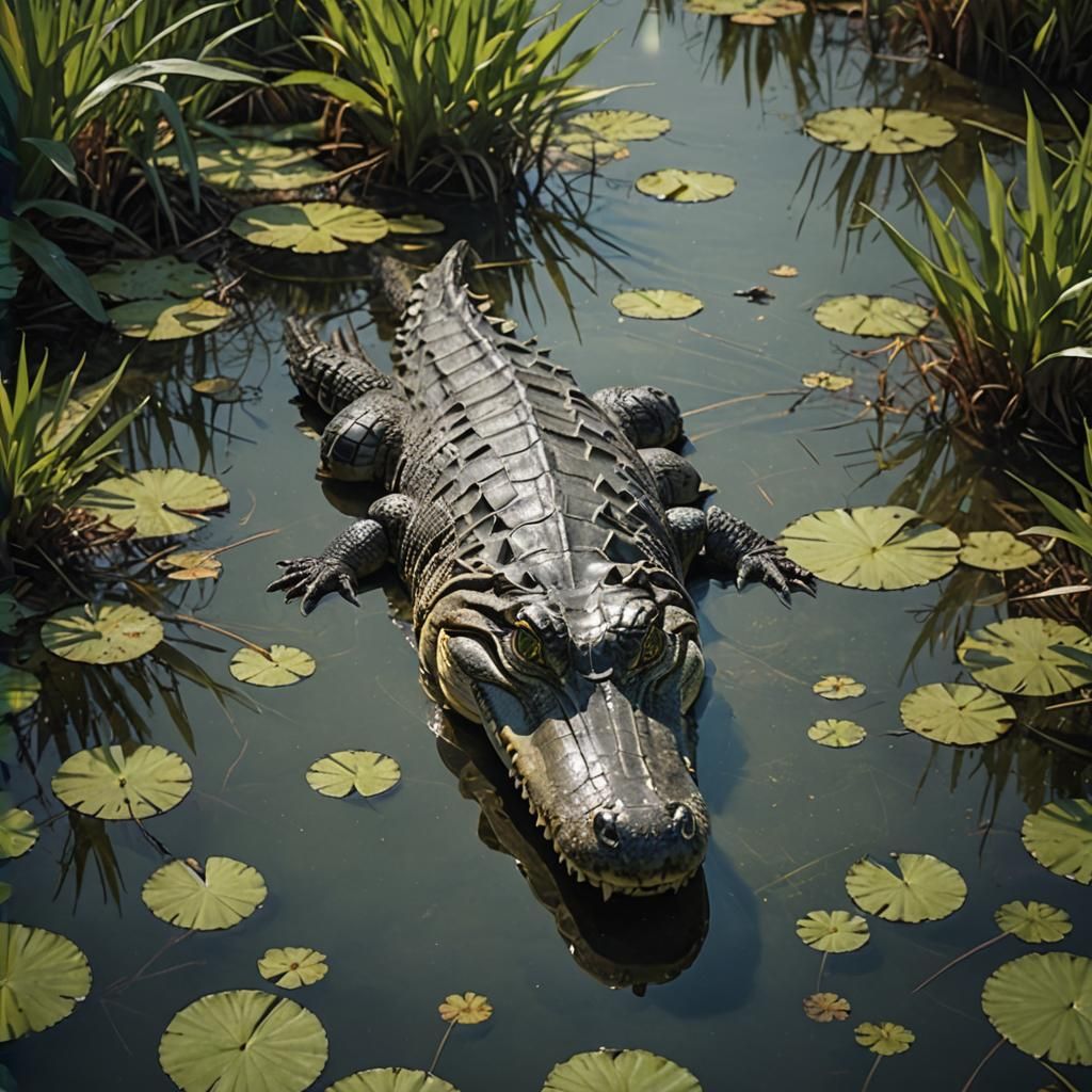 Magnificent Alligator Roams Swampy Landscape