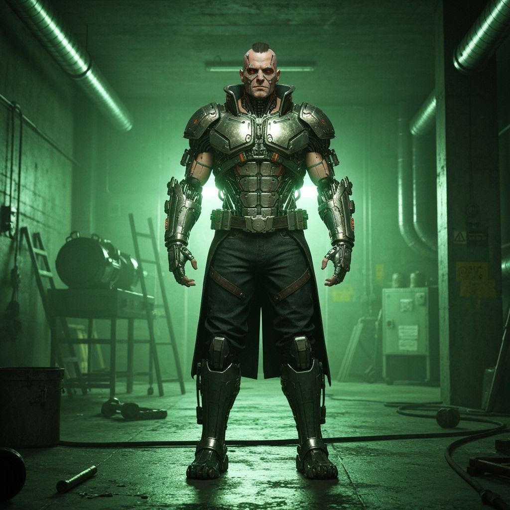 Cyborg Profile with Jungle Silhouette, Art Nouveau Cyberpunk