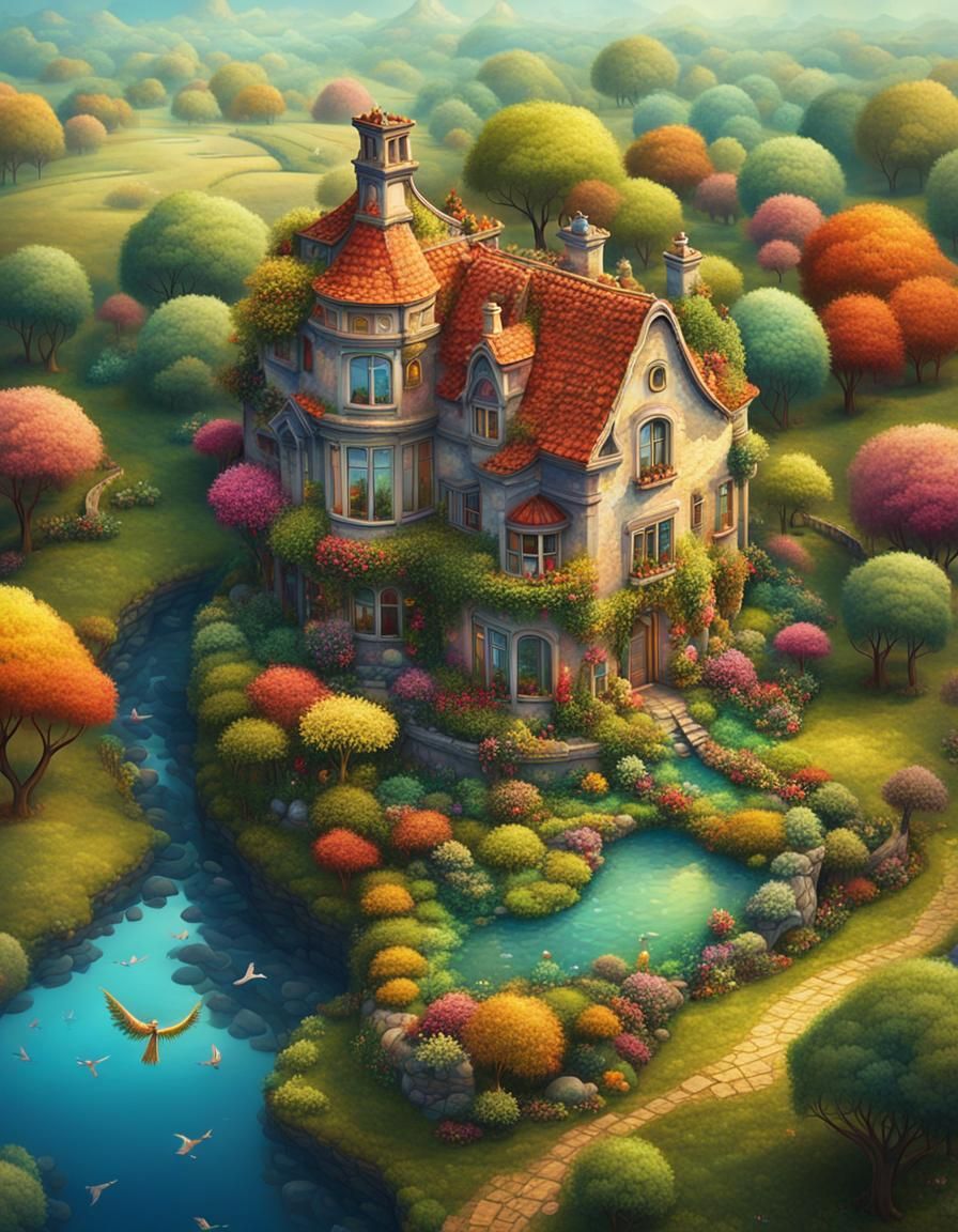 Surreal Aerial Country House in Fantasy Style