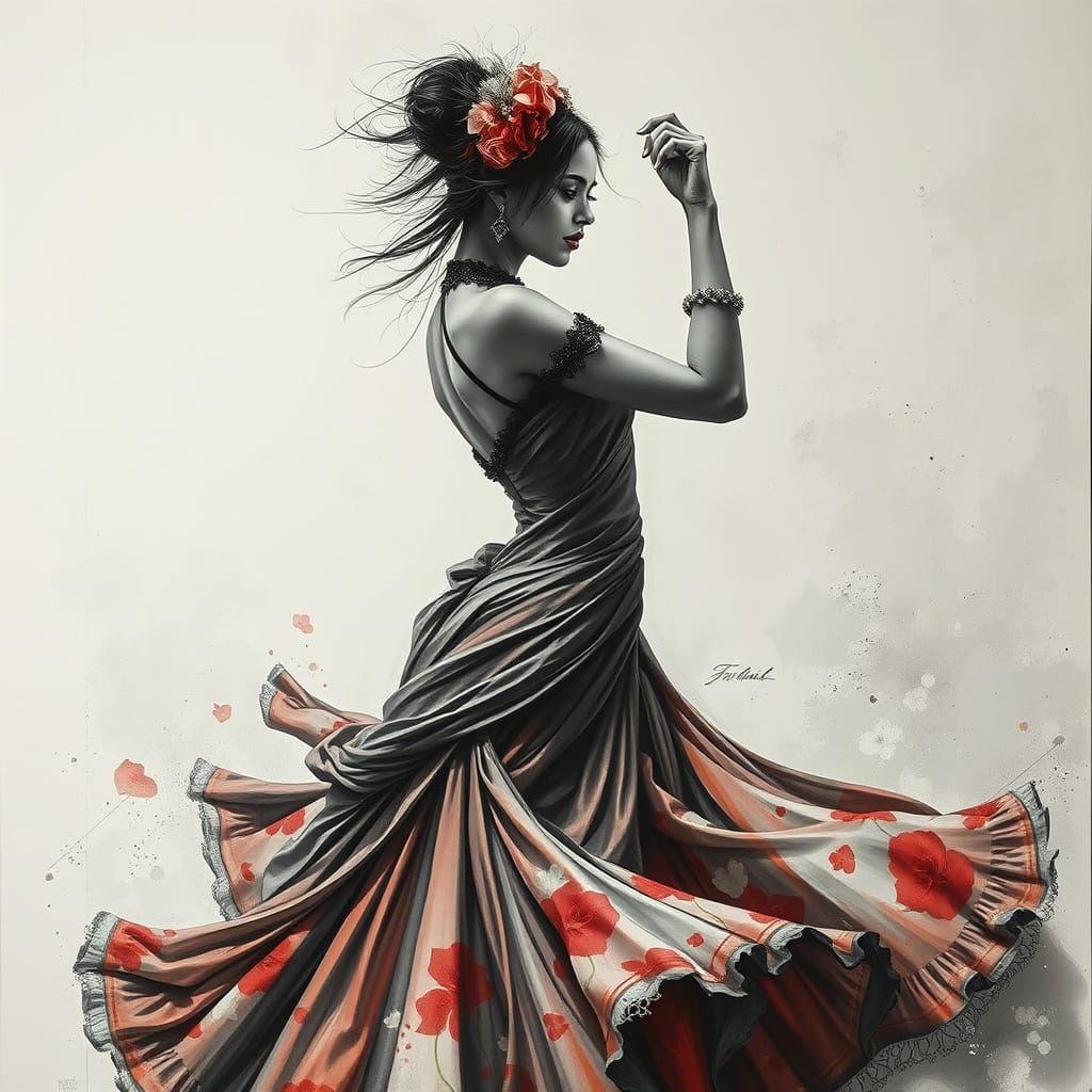 Gypsy Dancer in Detailed Gouache-Style Charcoal Drawing