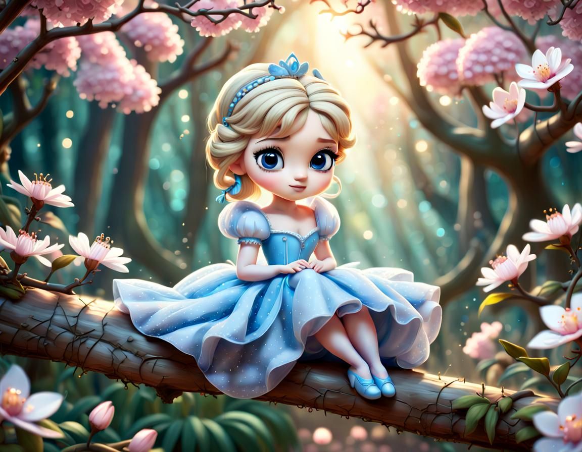 Chibi Cinderella on Blossom Branch, Fantasy Illustration