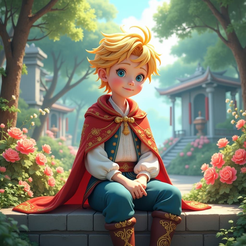 Golden-Haired Prince in Palace Garden: Anime-Inspired Art