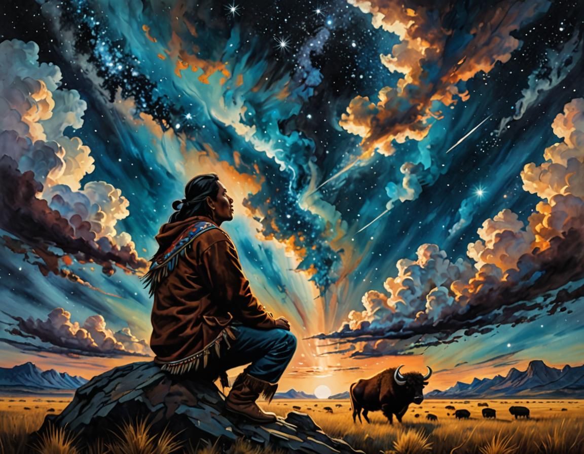 Native American Man Gazing at Buffalo Clouds