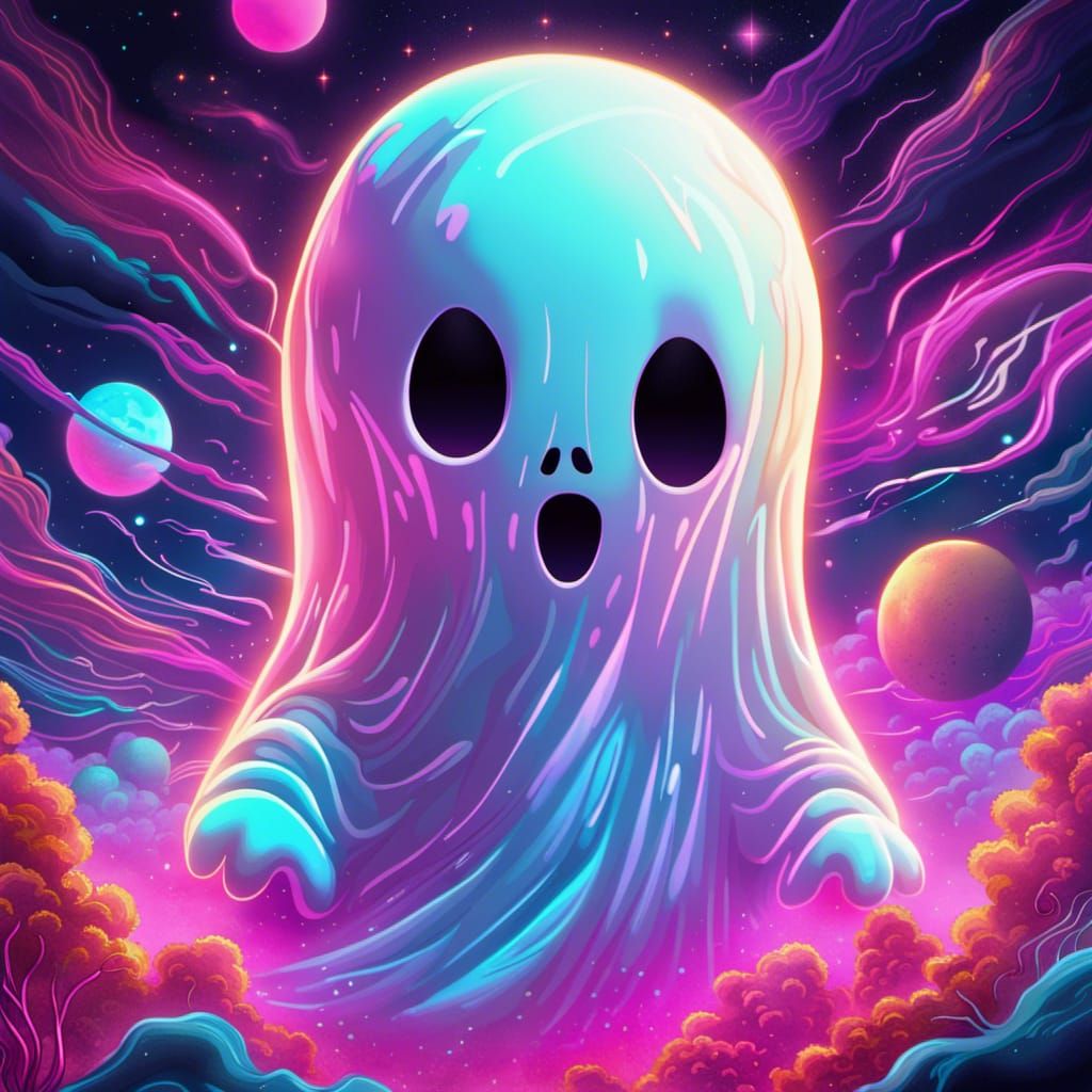 Cute Happy Ghost in Synthwave Style