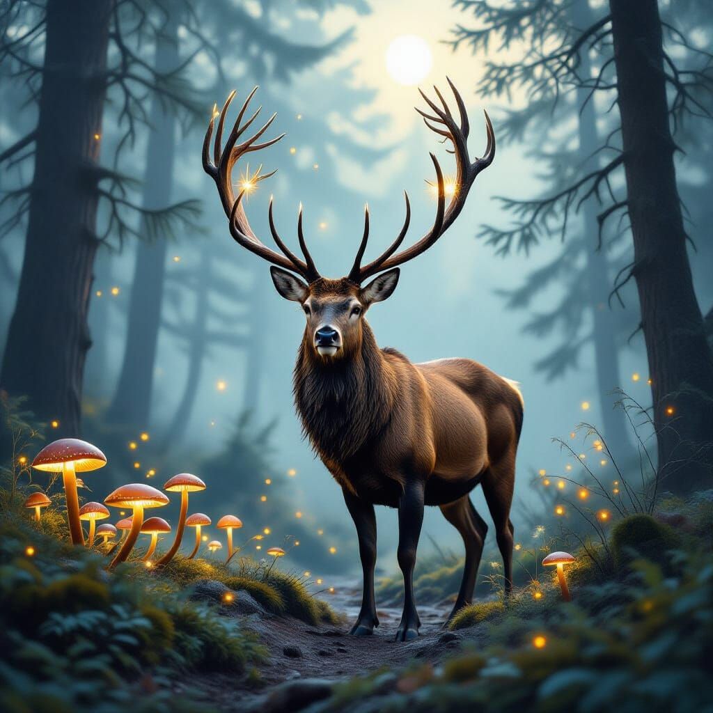 Majestic Stag with Celestial Antlers in Ancient Forest