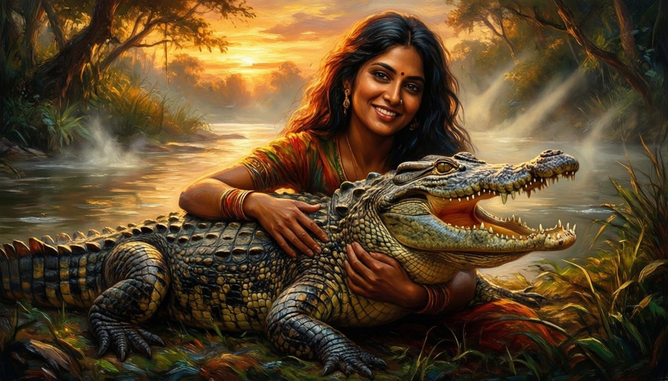 Bengali Woman Embraces Crocodile at Sunset Oil Painting