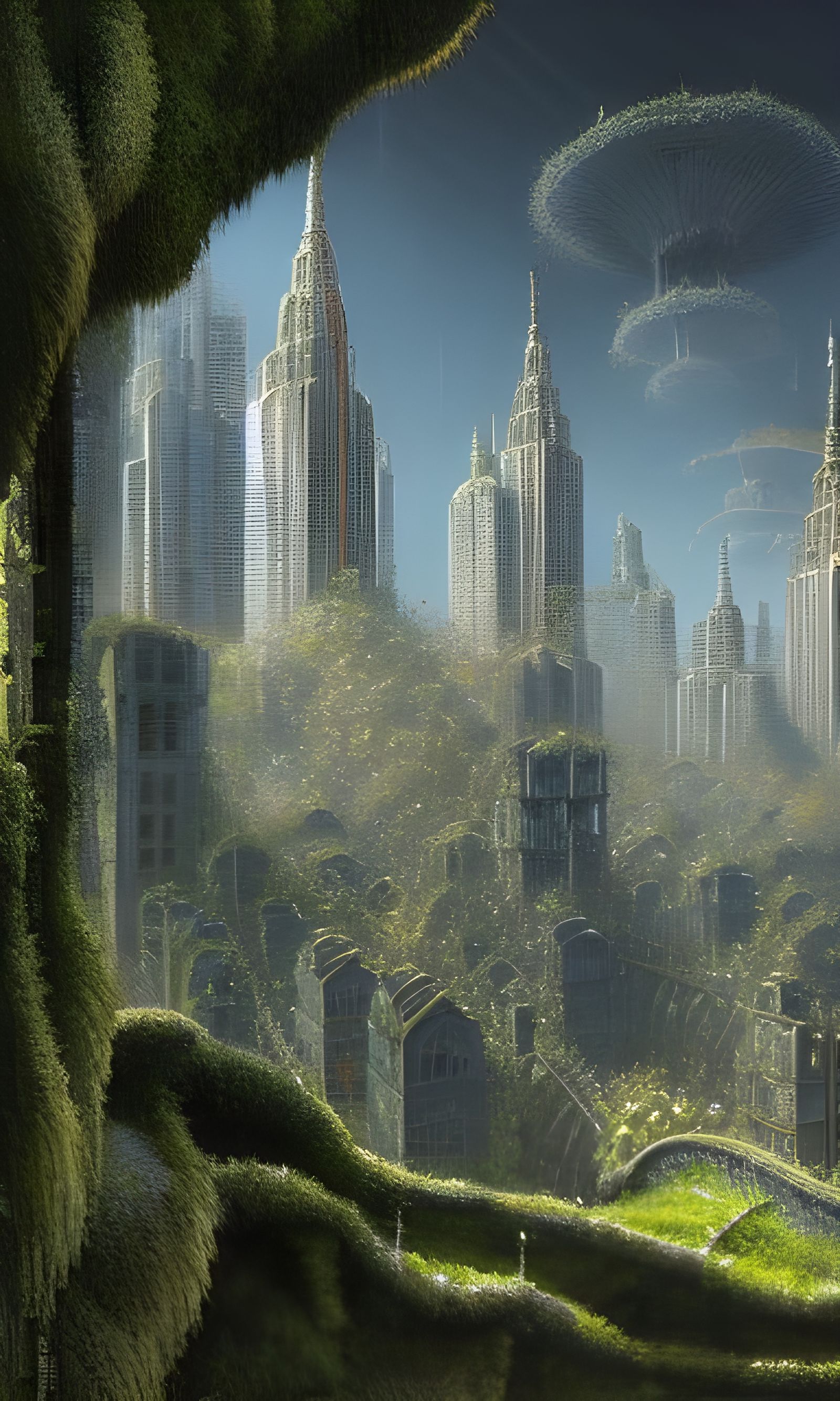 Lush Moss-Covered Futuristic Metropolis in 3D