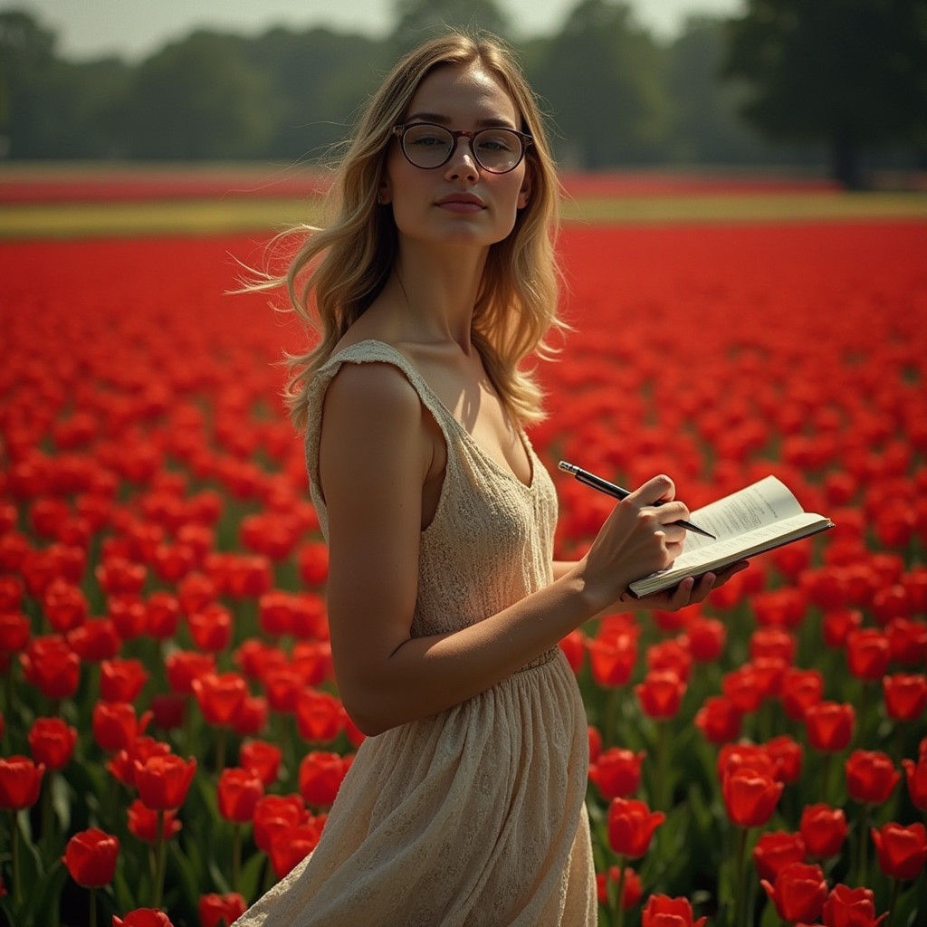 Woman Writing in Tulip Field, Cinematic Film Style