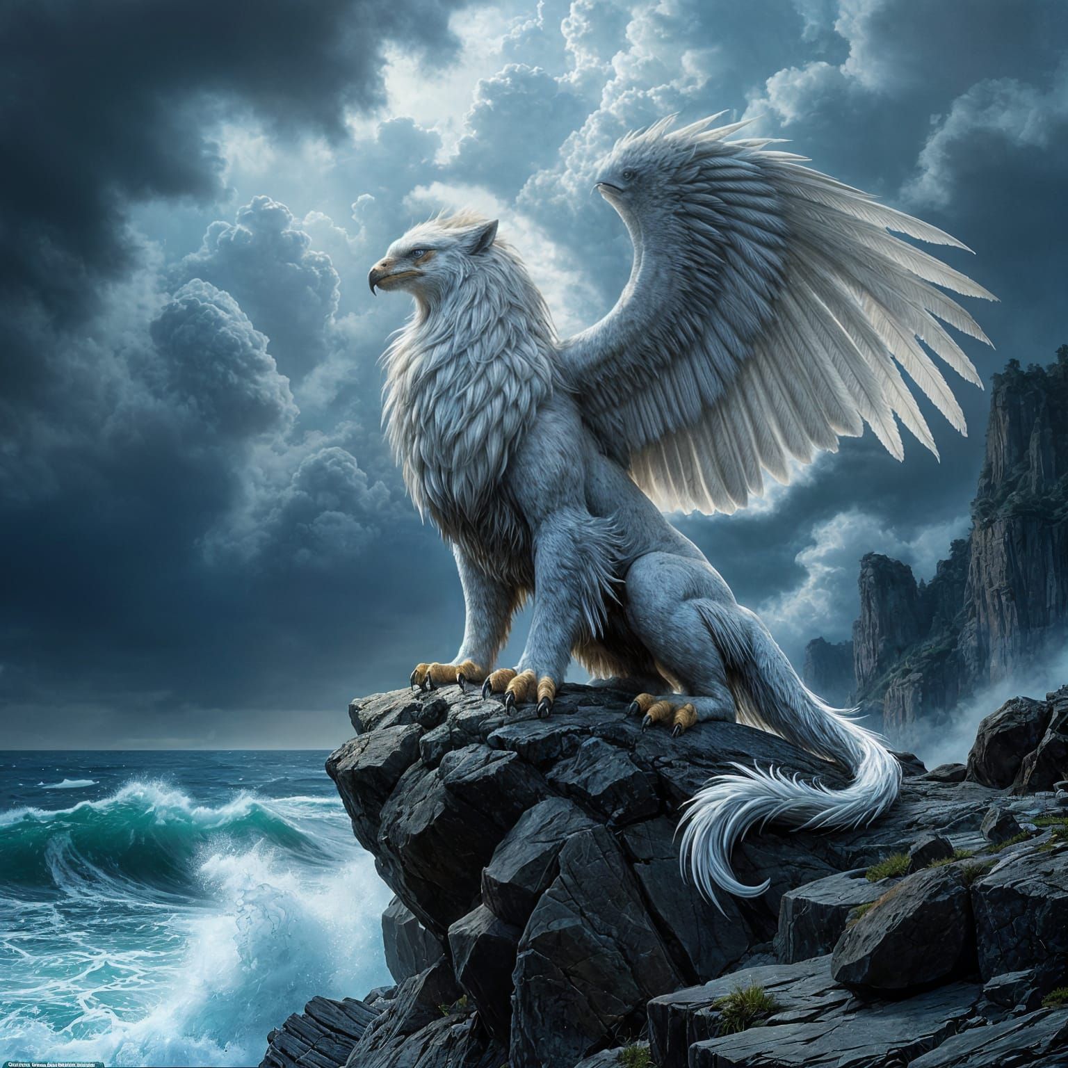 Majestic Griffin Perched on Stormy Coastline