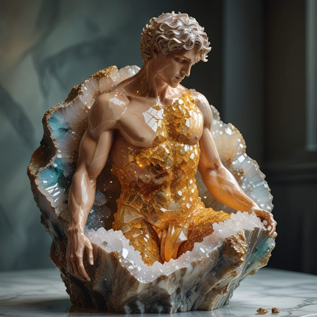 Surreal Art Nouveau Statue Emerges from Geode in Vibrant, Po...
