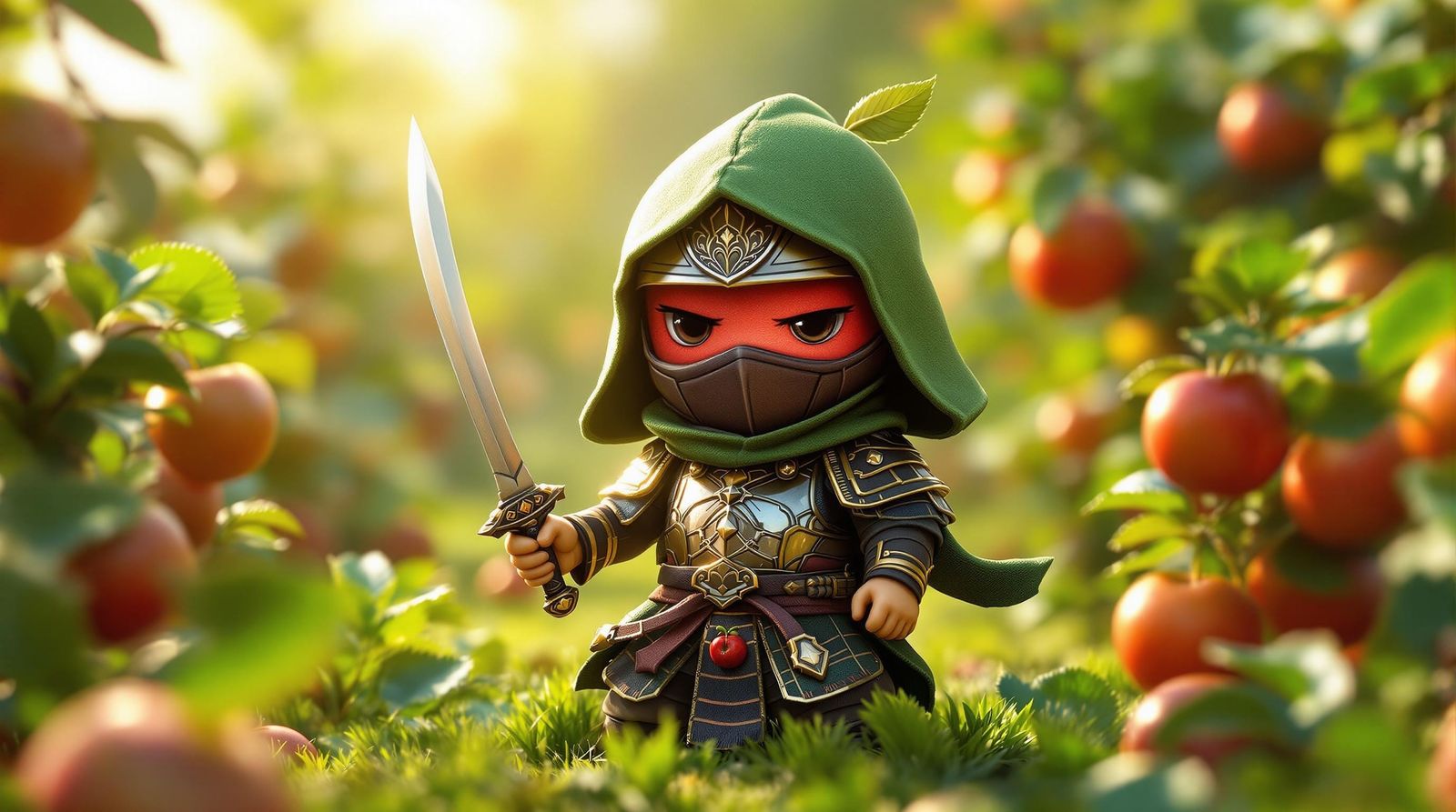 Adorable CGI Apple Ninja in a Lush Orchard
