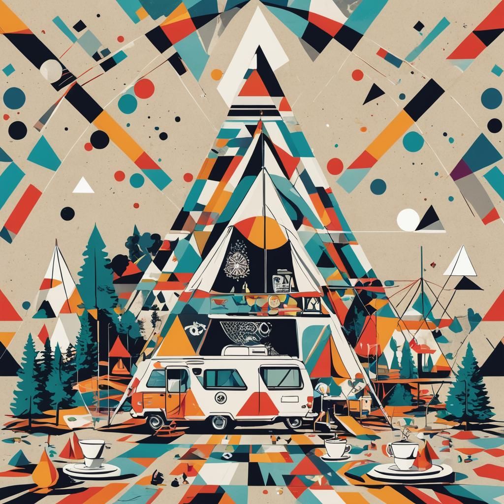 Glam Camping in Geometric Bauhaus Pop Art Style