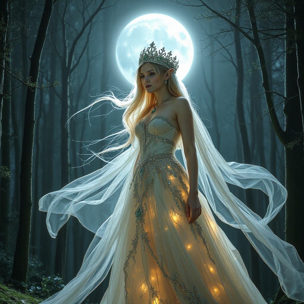 Elven Queen in Starlight Gown in Enchanted Forest