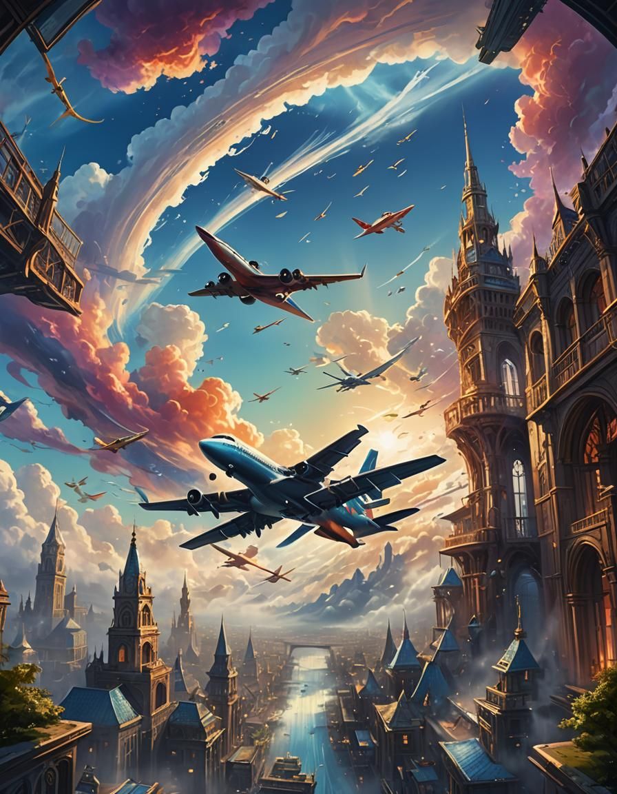 Airplanes Soaring Through Fantastical Sky as Digital Art
