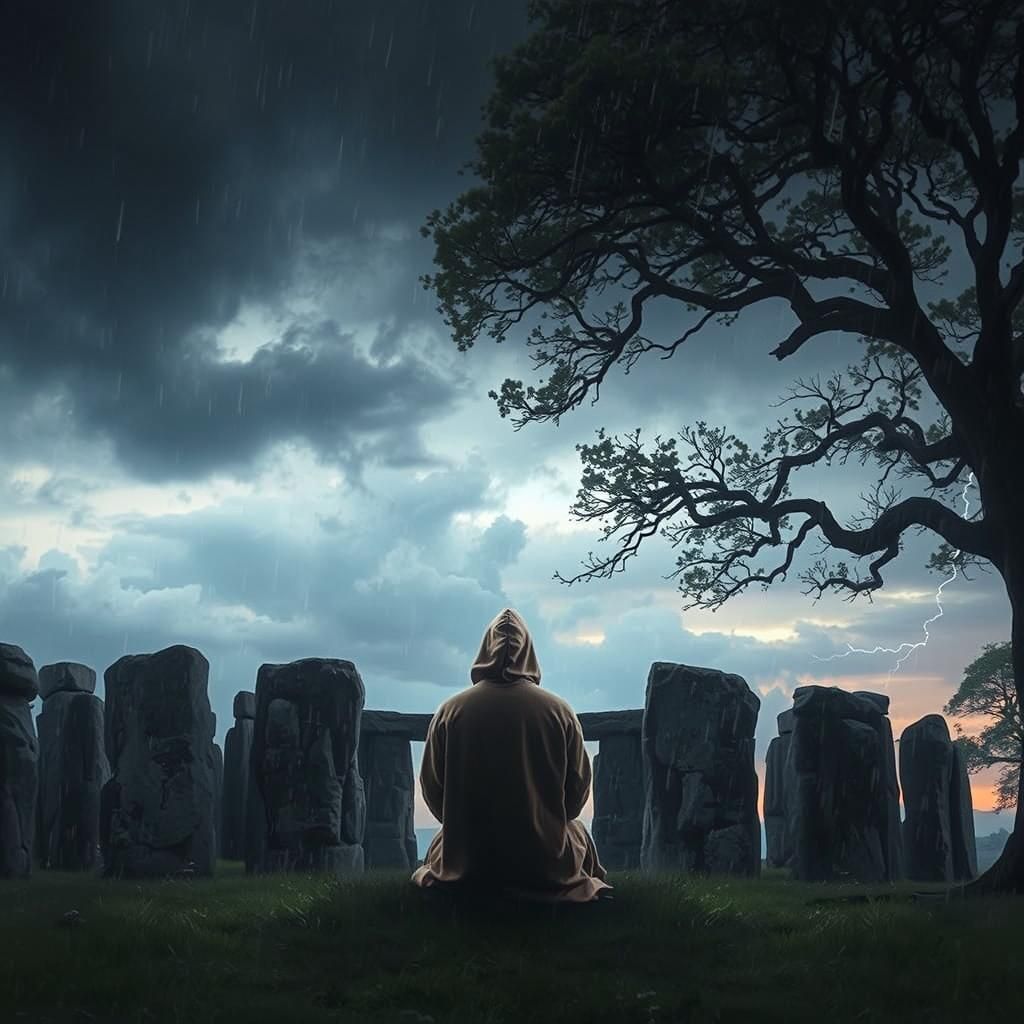 Druid at Megalithic Circle in Storm