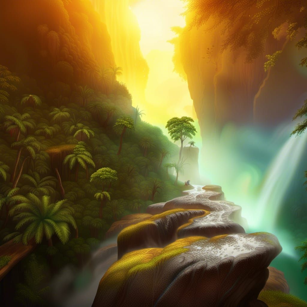 Majestic Waterfall in Lush Jungle, 2D Style