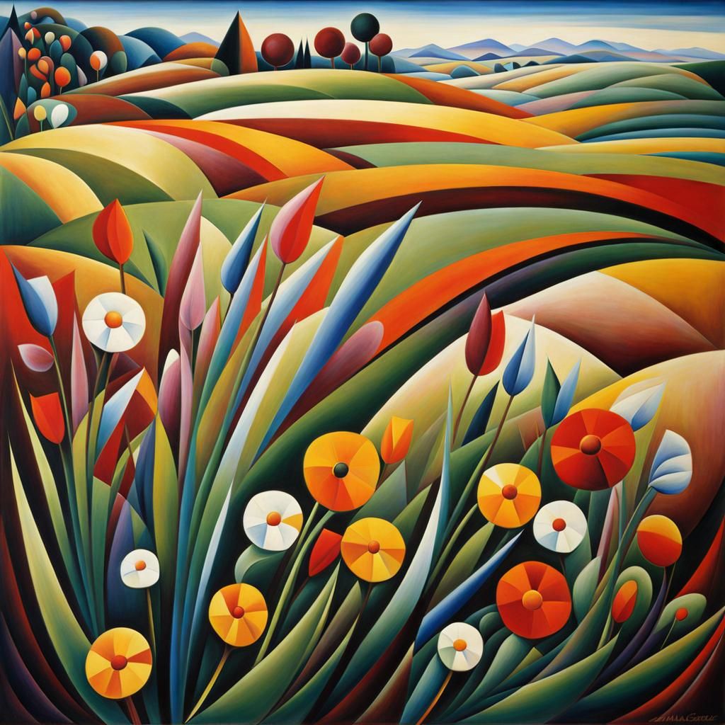 Abstract Cubist Wildflowers in Winter Field