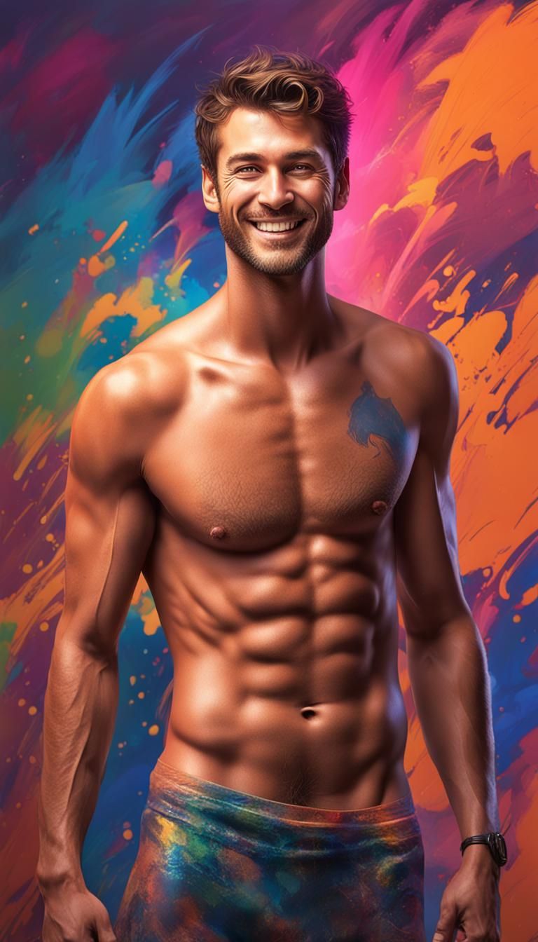 Handsome Man with Abs in Hyperrealistic Splash Art