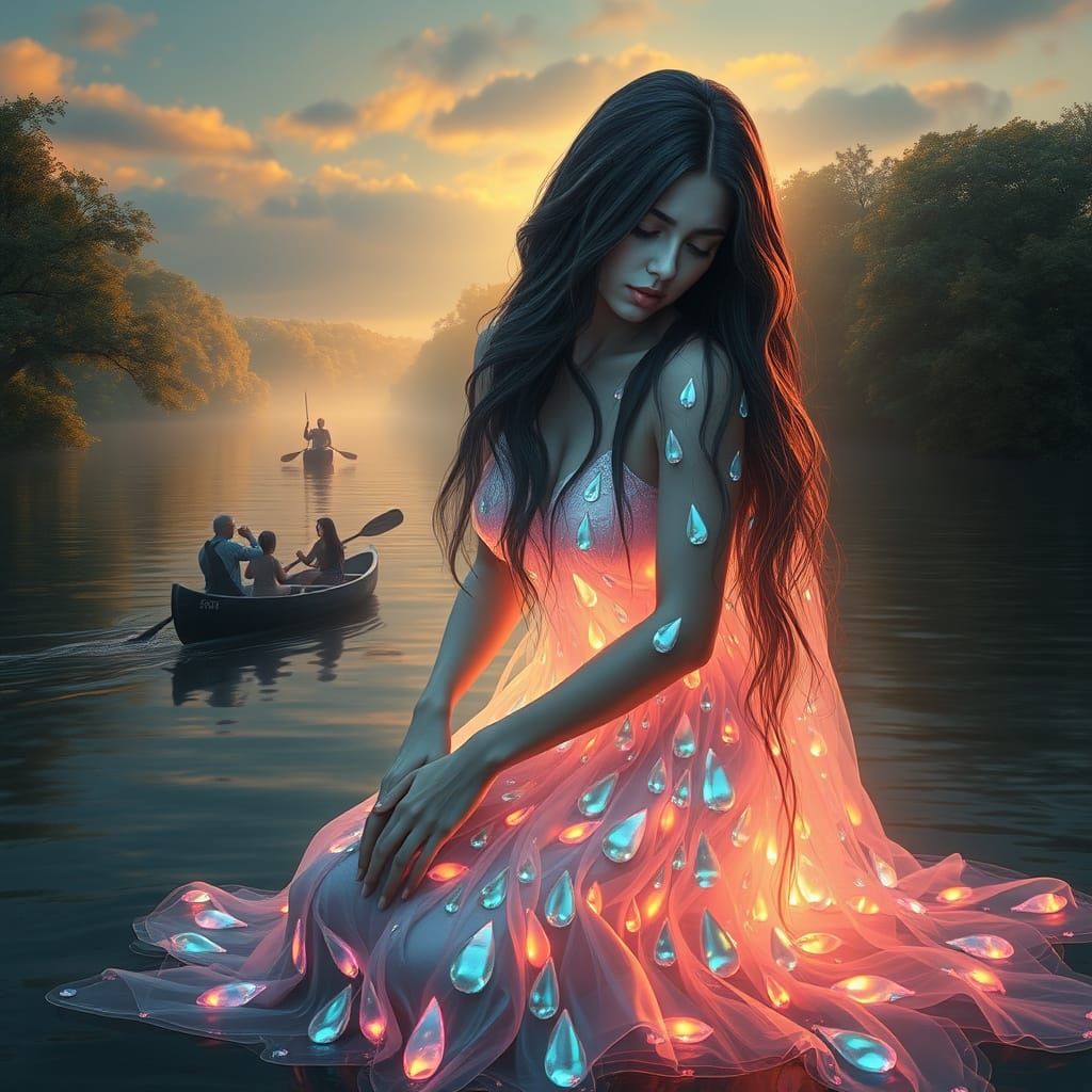 Ethereal Goddess in Iridescent Teardrop Gown, Set Against a ...