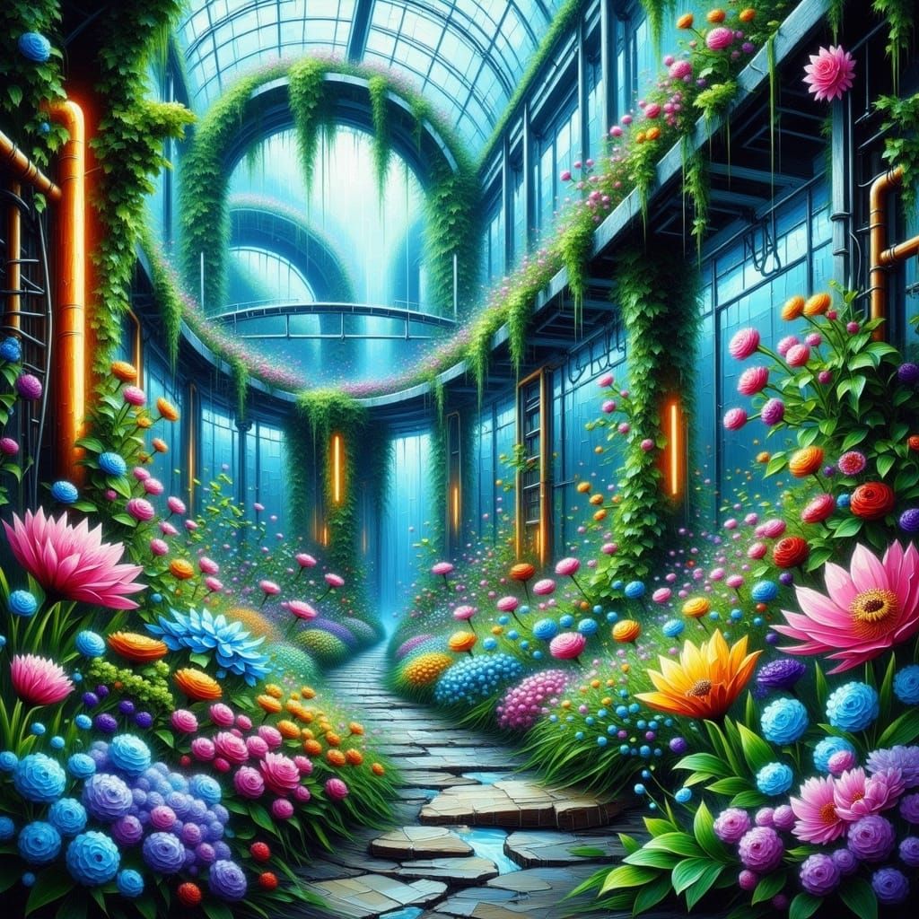 Cyberpunk Greenhouse of Bioluminescent Botanicals