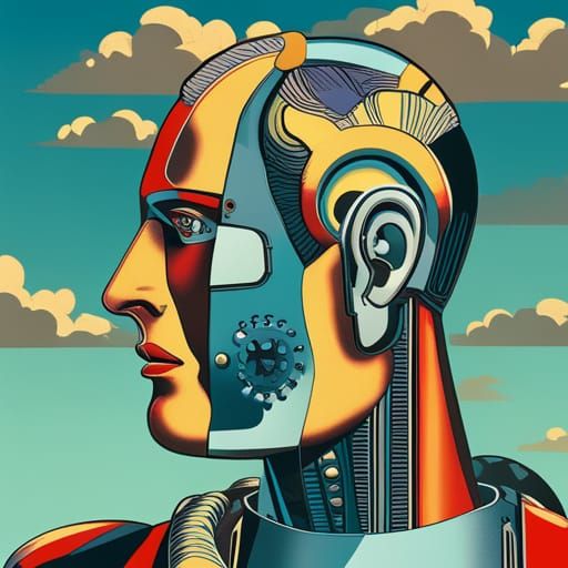 Vintage Cyborg Portrait with Visible Robotics in Pop Art