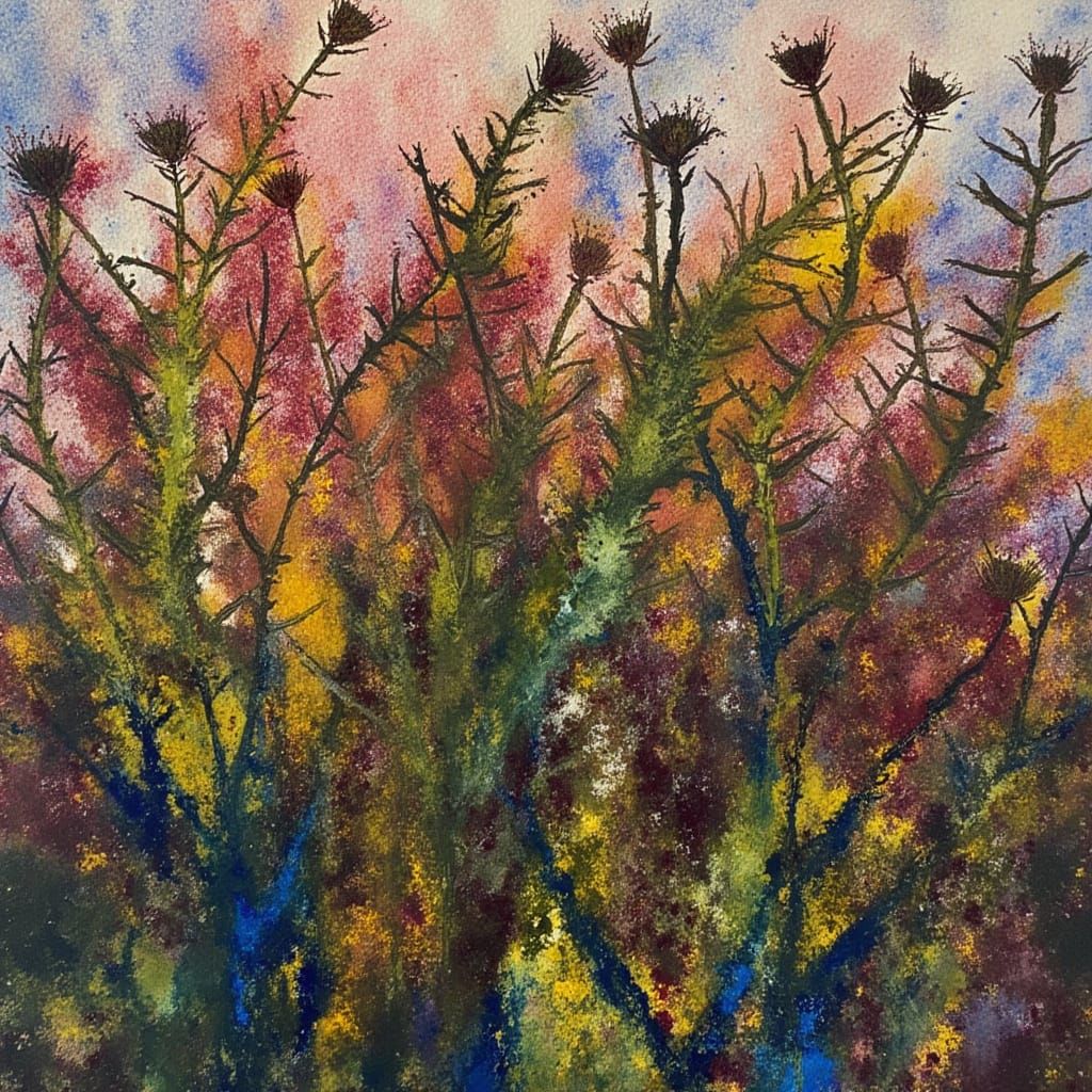 Vibrant Botanical Tangle in Abstract Mixed Media