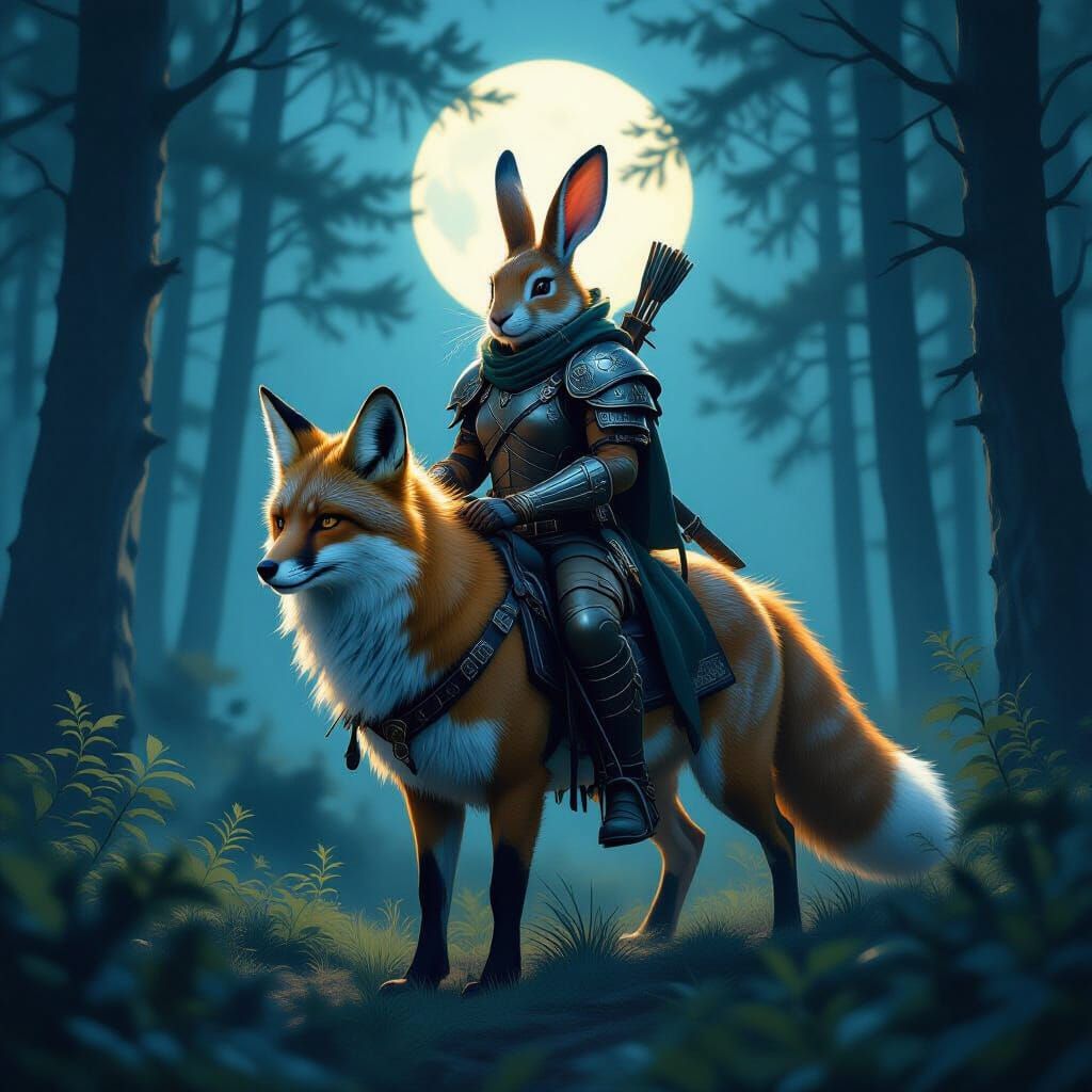 Rabbit Warrior Rides Fox in Dark Forest