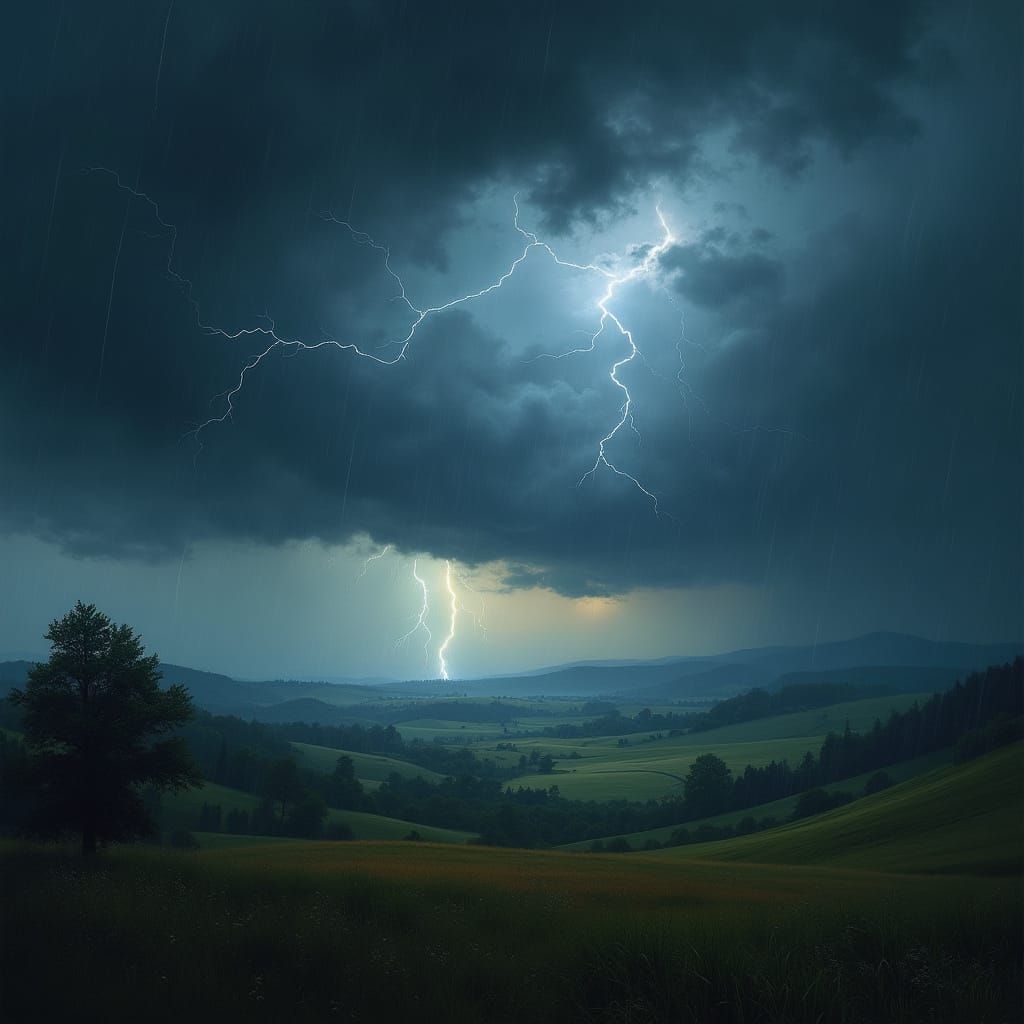 Dramatic Rainstorm Over Countryside Landscape