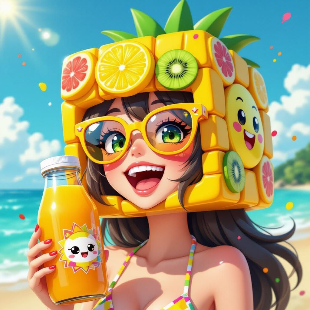 Orange Juice Bottle with Anime Eyes Sunbathing on Beach