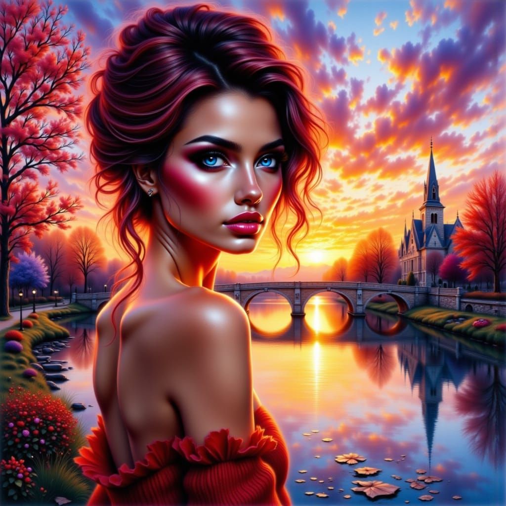 Woman on Bridge at Sunset, Romantic Lighting