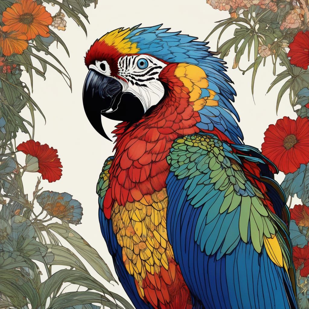 Vibrant Macaw Portrait in Whimsical Artistic Style
