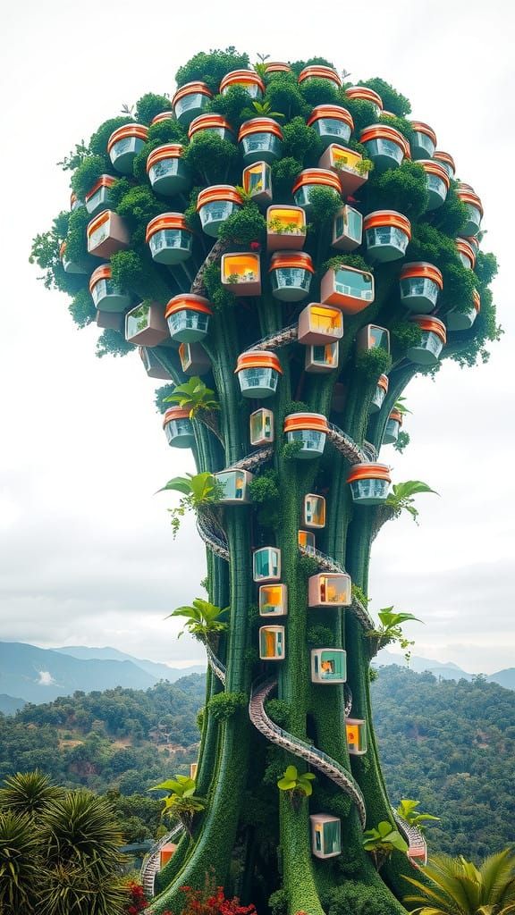 Eco-Futuristic Tree City in a Whimsical, Futuristic World