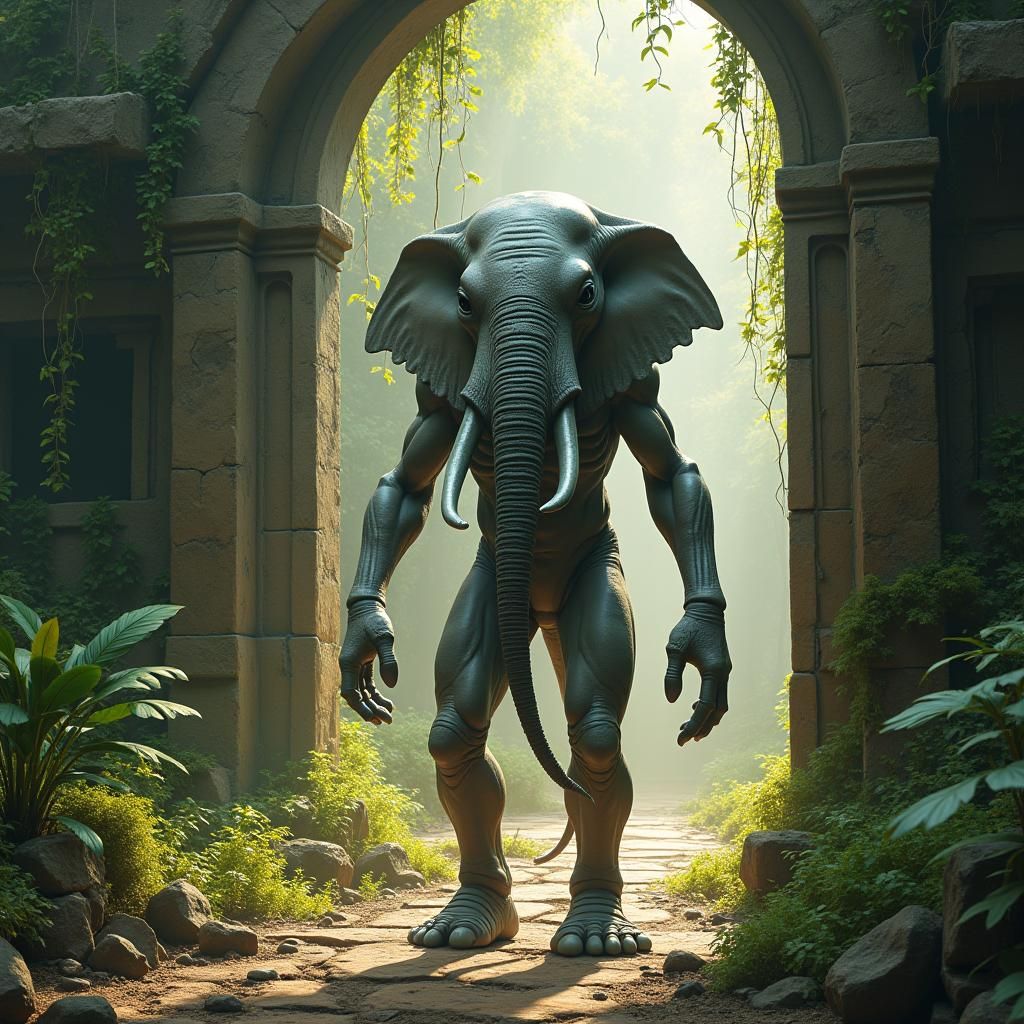 Elephant-Faced Alien at Ancient Temple Ruins