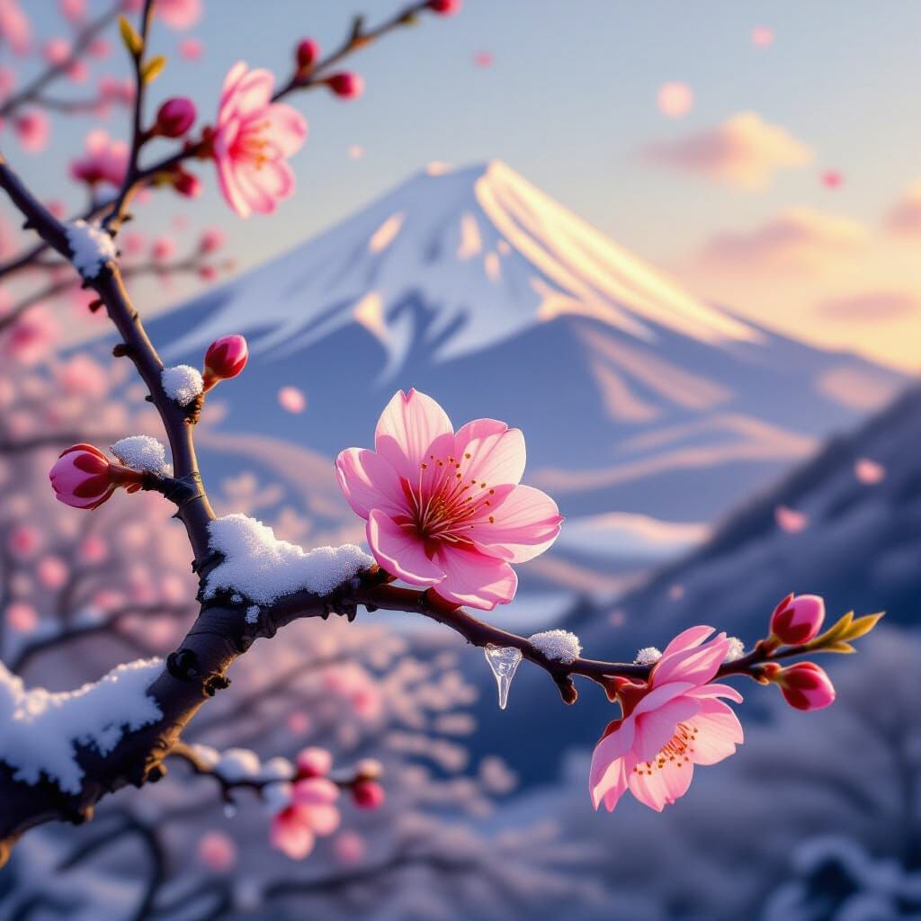 Ice Blossom with Mount Fuji, Kinkade and Hokusai Style