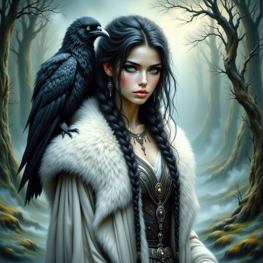 Mystical Brunhilde in White Fur Coat Surrounded by Odin's Ra...