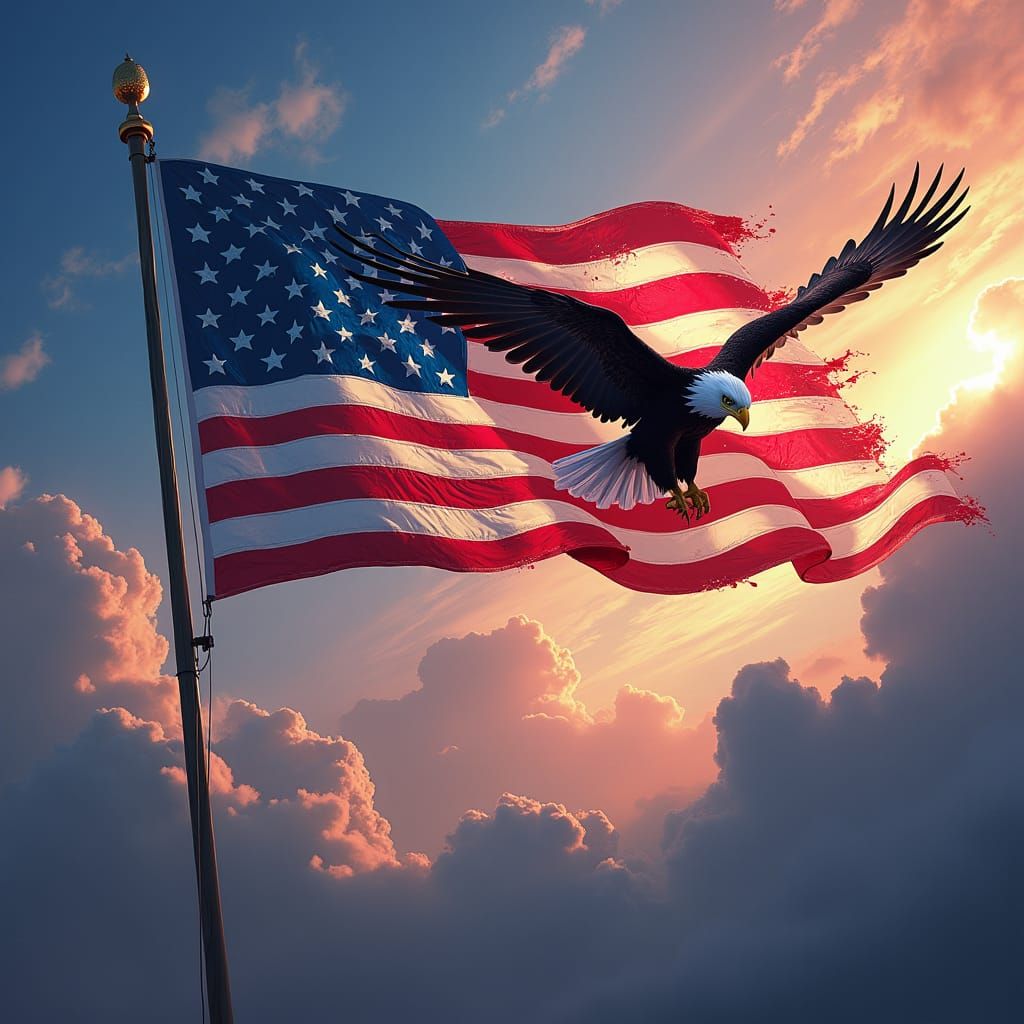 American Flag with Soaring Eagle, Digital Matte Painting