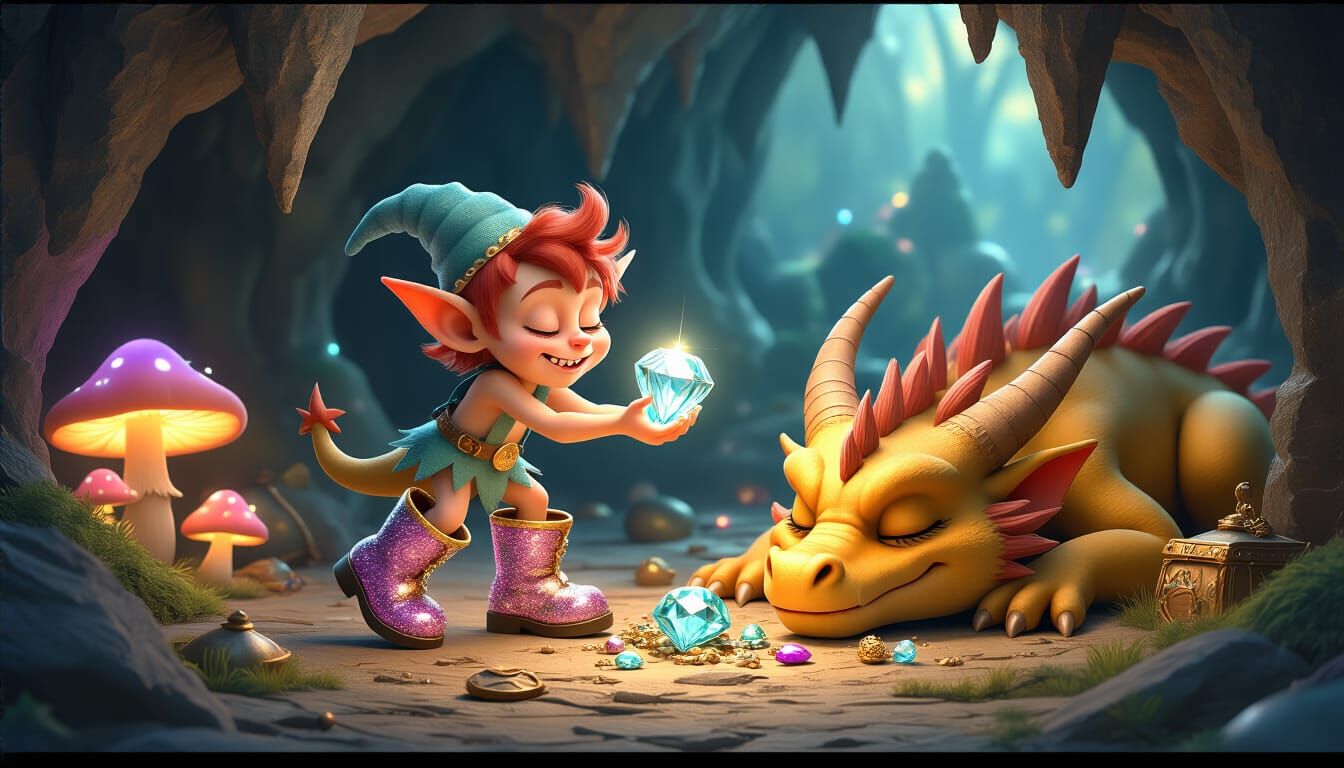 Mischievous Imp Steals Jewel From Sleeping Dragon