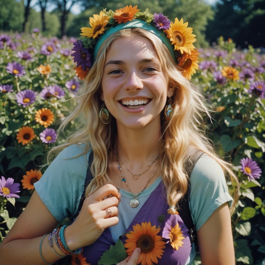 Smiling Blonde Woman with Tambourine in Sunlight