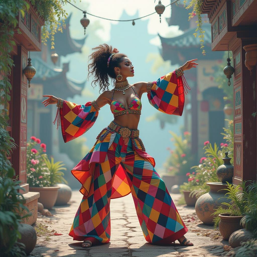 Kaleidoscopic Dancer in Dreamlike, Futuristic Setting