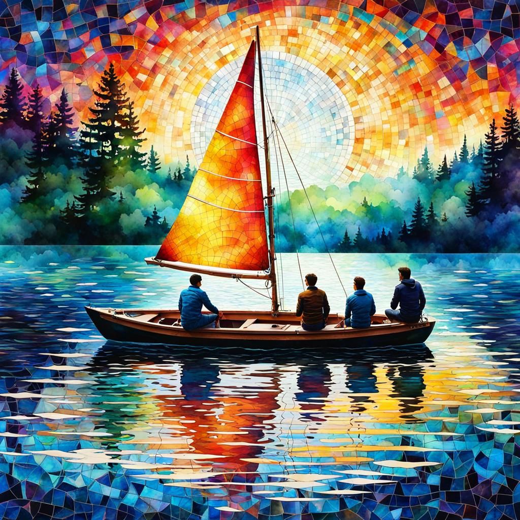 Father and Sons Sailing: Mosaic Watercolor Art