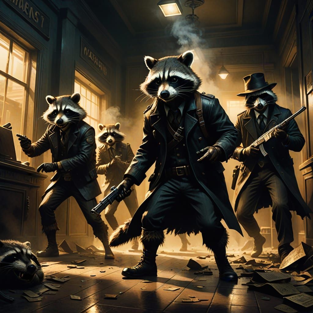 Raccoon Bank Robbery in Dark Fantasy Style
