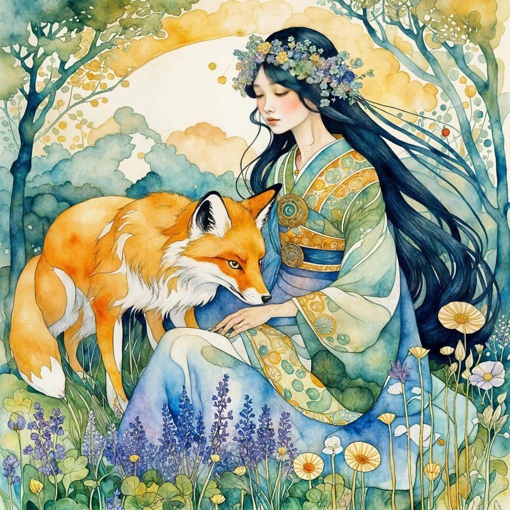 Japanese Girl and Fox in Art Nouveau Style