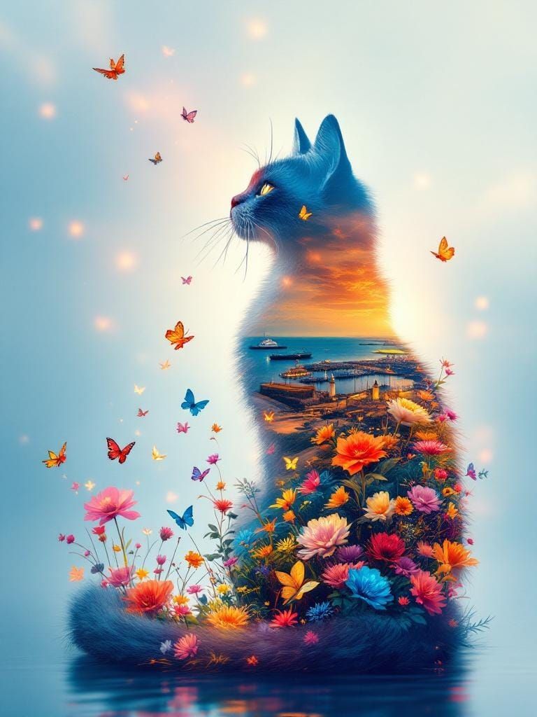 Colorful Cat Silhouette with Landscape Double Exposure