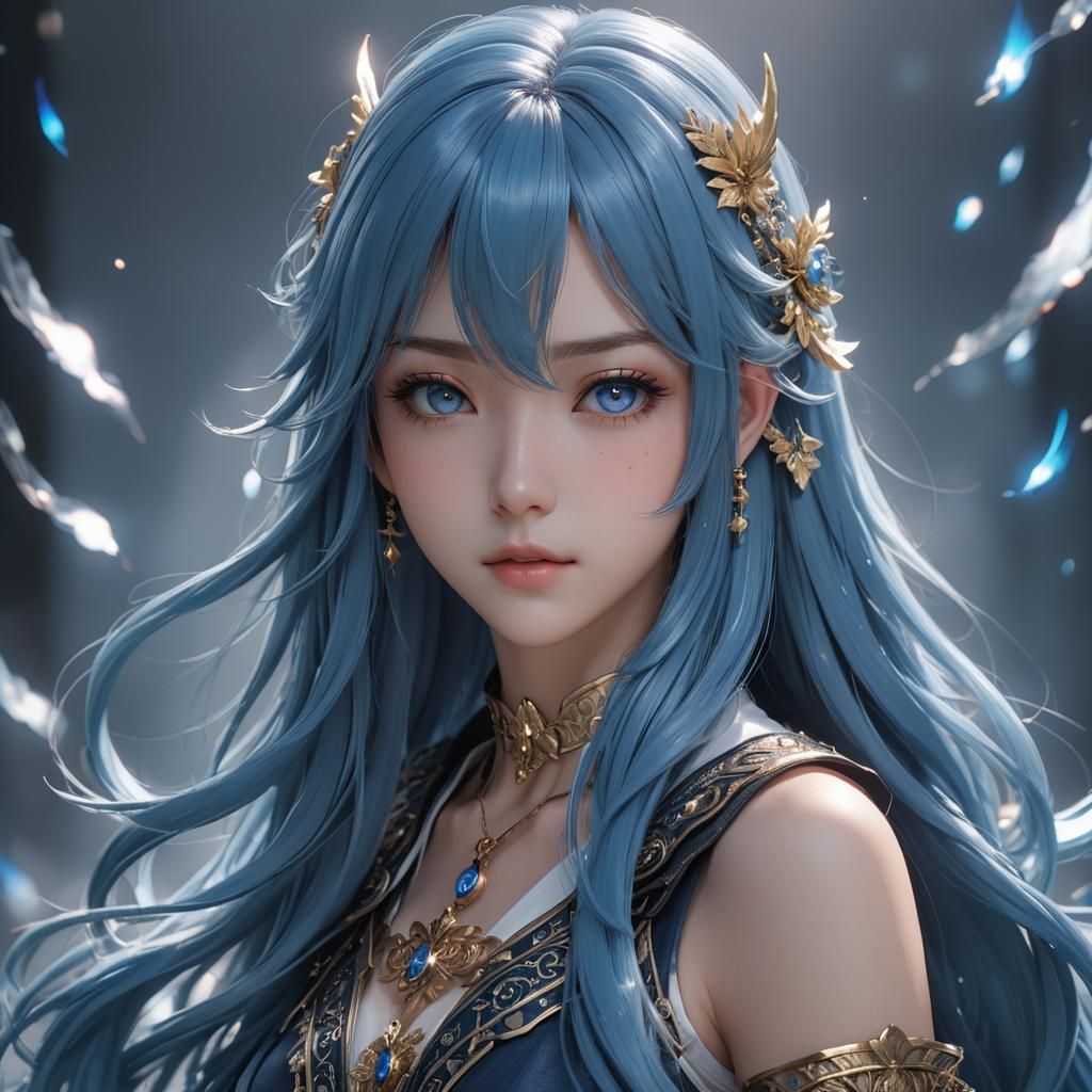 Anime Style Character with Blue Hair and Aura