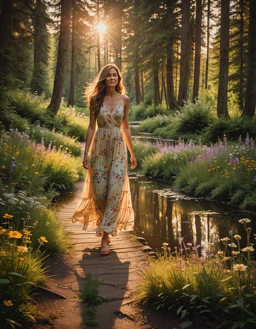 Woman in Sundress on Forest Path at Sunset