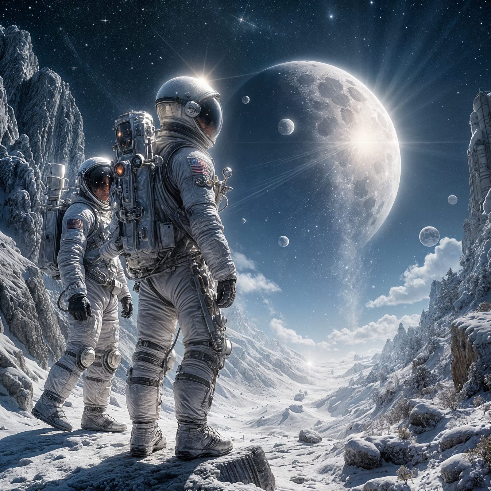 Astronauts in Futuristic Lunar Landscape Amidst Ethereal Sno...