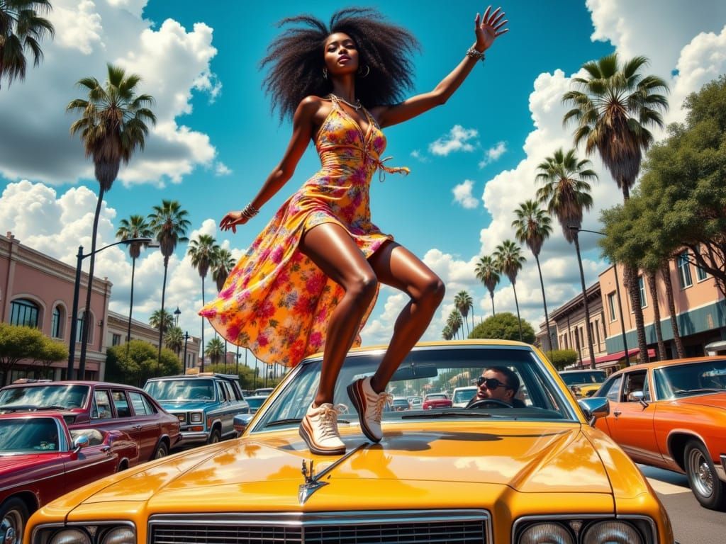 Energetic Woman Dancing Atop Car in Hyperrealistic Style