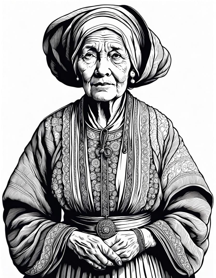 Detailed Line Art Portrait of Old Woman