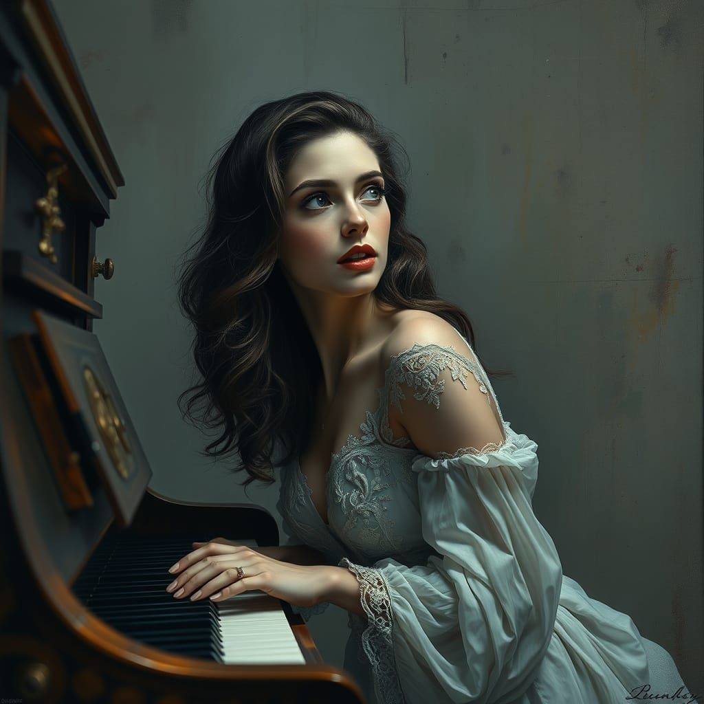 Surrealist Woman Contemplates Piano in Intricate Oil Paintin...